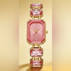 Gold-Tone Pink Rhinestone Bracelet Watch - Women's Fashion Accessory